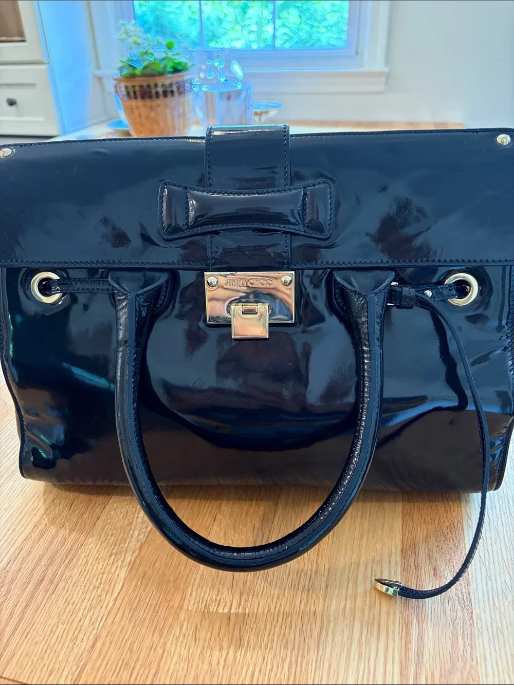 Jimmy Choo Patent Leather Satchel Handbag in Deep Navy